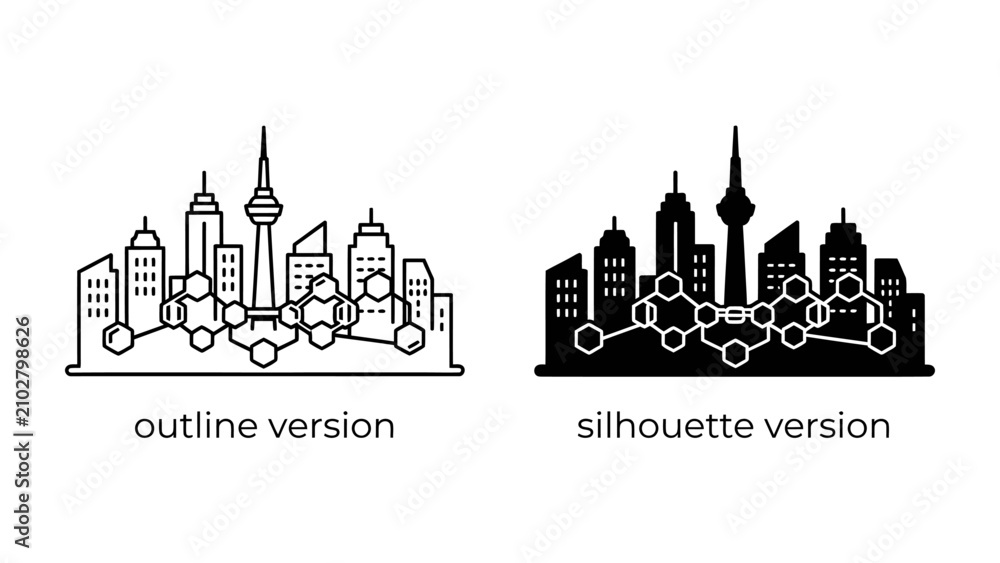 Fototapeta premium City Skyline Icon Set: A graphic representation of a city skyline, presented in both outline and silhouette versions, symbolizing urban architecture and connection.