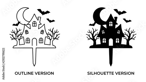 Quadro su tela Haunted House Halloween Decor: A spooky haunted house silhouette and outline, complete with a crescent moon and flying bats, perfect for Halloween celebrations and decorations