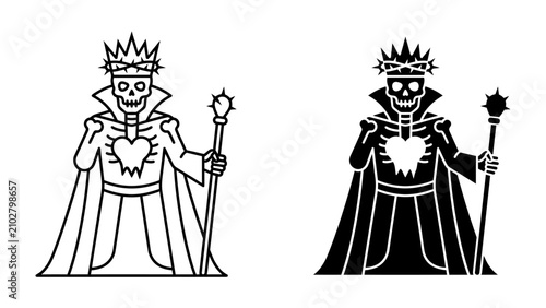 Photos Skeleton King: Two striking illustrations depict a skeletal monarch crowned with thorns and a regal cloak, holding a scepter, embodying the dark majesty and mystery of death and royalty