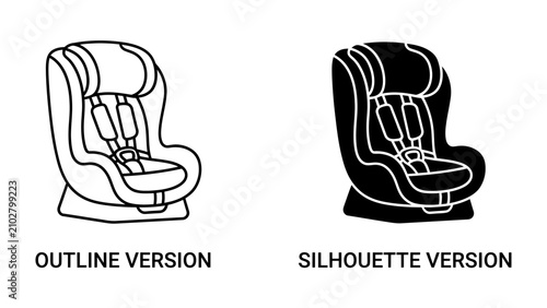 Child Car Seat Icon: A visual representation of a child car seat in both outline and silhouette versions, symbolizing safety and travel for infants and toddlers.