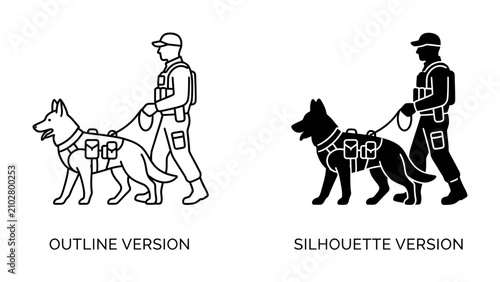 Bild auf Leinwand Security K9 Unit: A security professional and their loyal K9 partner, depicted in both outline and silhouette, work together as a unit, showcasing teamwork and vigilance