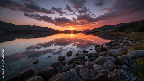 A breathtaking sunset casts vibrant colors across the sky and reflects perfectly on the tranquil surface of a lake, with a rocky shore in the foreground.
