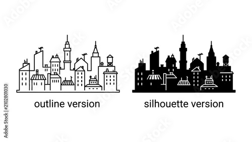 Cuadro en lienzo Cityscape Duo: An artistic depiction showcasing an urban skyline in both an outline and silhouette style, representing versatility in design