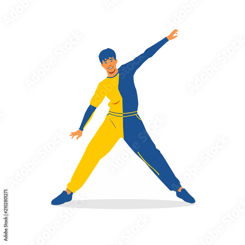 Young man in split color athletic clothing performing a dance move.