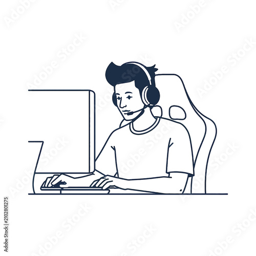 Young Man Wearing Headphones Playing Video Games on Computer.