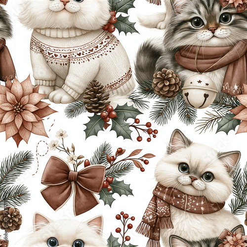 Hand-painted seamless watercolor Christmas pattern featuring adorable holiday cats, cozy winter decorations, festive botanicals, and Scandinavian-inspired seasonal elements in a soft neutral color pal