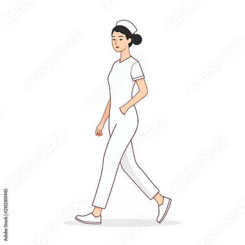Young Woman Nurse Walking Confidently in White Uniform.