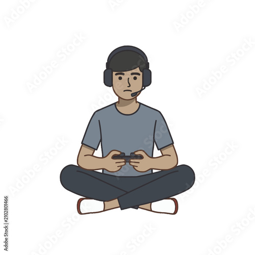 Young man wearing headphones and playing video games with a controller.