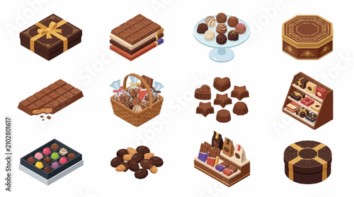 Obraz na plátne Assorted chocolate desserts and candies in isometric illustration style