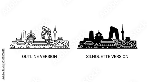 Konstfotografi Cityscape Icons: Two distinct renderings of a famous cityscape, one an intricate outline and the other a bold silhouette, offering versatility for design projects