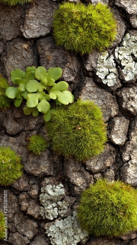 Lush green moss and small plants thrive on a detailed tree bark surface, showcasing the beauty of nature and organic textures with vibrant colors and forms