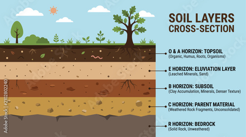 Canvastavla Detailed cross-section illustration showing various soil layers and their horizons with descriptive labels