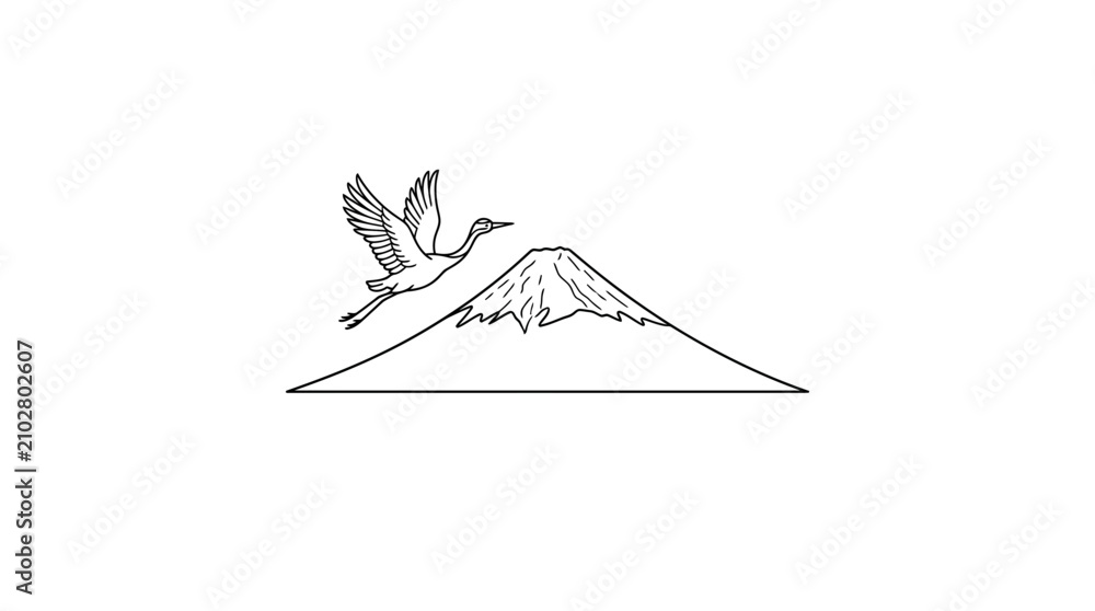 Obraz premium Minimalist flying crane over mountain peak line art illustration