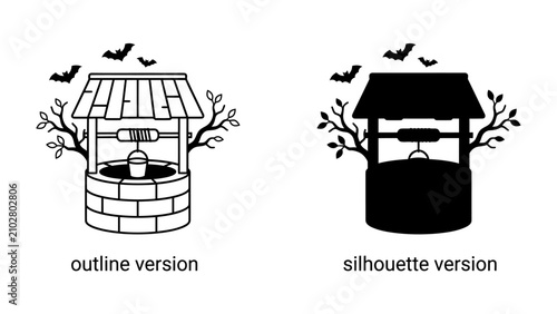 Canvas Print Halloween Well Icons: Two charming icons depict a well, one in outline and the other as a silhouette, with spooky bats flying overhead and gnarled branches framing the scene