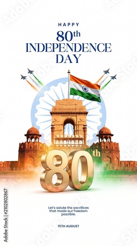 Fotografie 80th independence day india graphic design with historic landmarks, independence