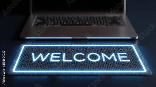 Laptop and glowing welcome mat