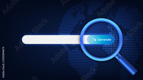 Modern digital interface showing generate button under magnifying glass with global network background design