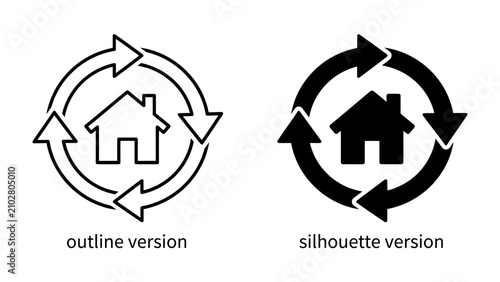 Valokuva Circular arrows around house icon: Two graphic representations, an outline and a silhouette, depict a house symbol enclosed within a circular arrow motif