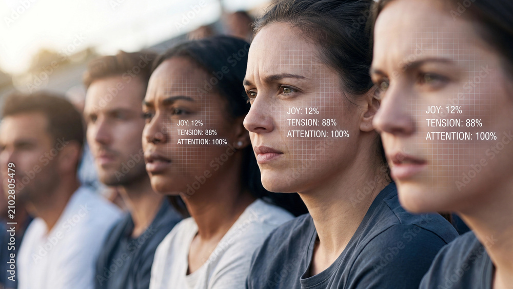 Fototapeta premium People sit in a stadium while digital data overlays analyze their emotional states and attention levels in real time.
