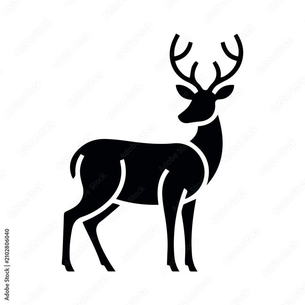Obraz premium Majestic deer silhouette vector icon isolated on white background, black stag line art design, wildlife animal sign