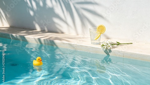 Sunlit Swimming Pool with Rubber Ducks Background Marketing Concept