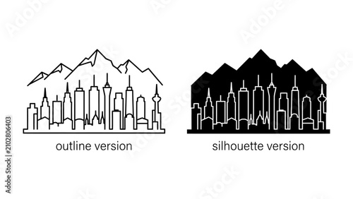 Foto Cityscape Mountains: A dual depiction of a modern cityscape set against majestic mountains, presented in both an outline and silhouette style, symbolizing urban development and natural grandeur