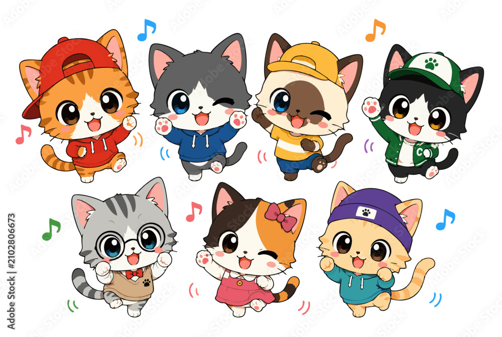 Obraz premium Seven Adorable Chibi Anime Cats Dancing with Joyful Expressions Together