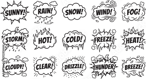 Slika na platnu Set of hand drawn comic style weather icons featuring various atmospheric phenom