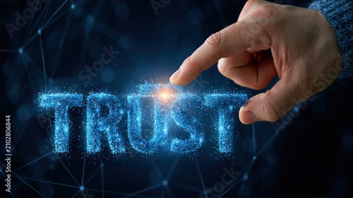 Persons finger interacting with glowing blue digital word TRUST.