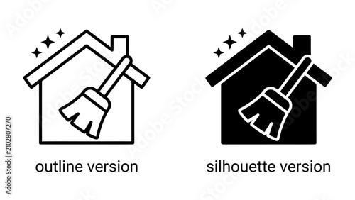 Fotografie Home Cleaning Icon Set: A graphic representation of a house with a broom, symbolizing cleaning and maintenance services, presented in both outline and silhouette versions
