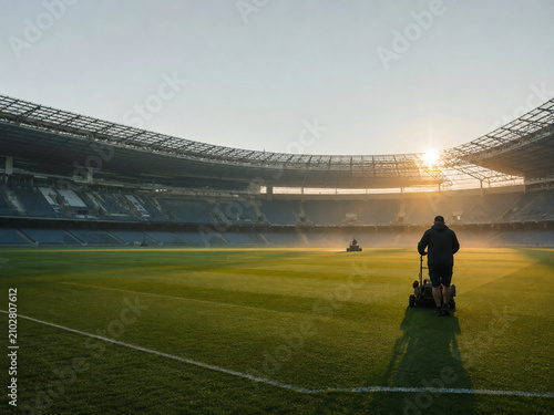 An expansive stadium field at sunrise with maintenance staff preparing the grass before a major football event