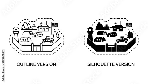 Fotografie Military Outpost Icons: Two iconographic representations, one outlined and one in silhouette, depict a fortified military outpost with watchtowers, tents, a vehicle, and flags