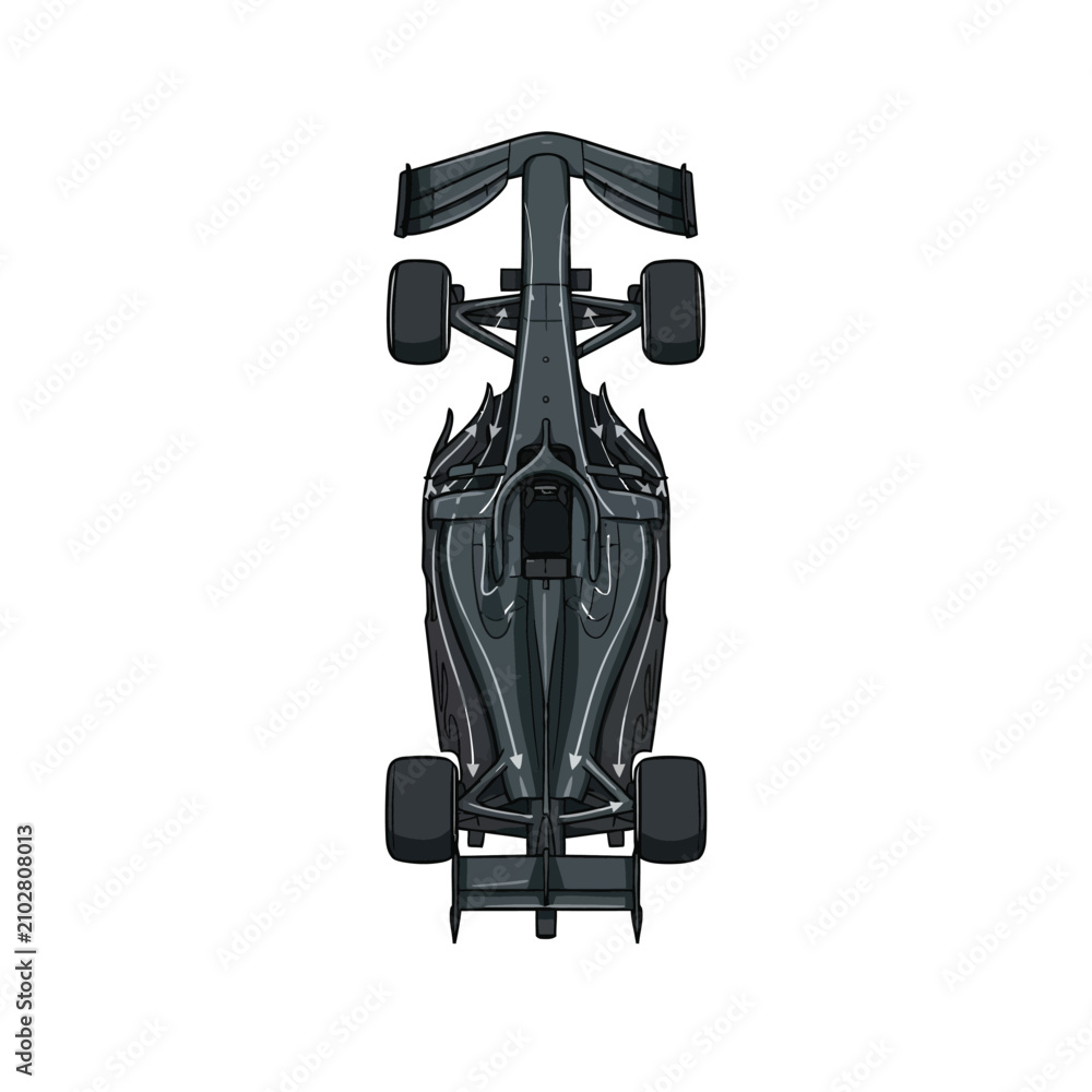 Obraz premium Sleek Dark Grey F1 Race Car Top Perspective With Arrows Demonstrating Aerodynamic Airflow Dynamics Over The Vehicle Body To Illustrate Wind And Design Efficiency Vector Illustration