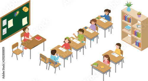 Isometric Classroom Scene with Female Teacher and Diverse Students Learning at Desks, Blackboard, Bookshelf, School Education Vector Illustration Concept Design