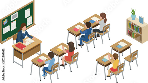 Isometric Classroom Scene with Female Teacher Teaching Students at Desks, School Blackboard, Bookshelf, Learning and Education Vector Illustration Concept Design
