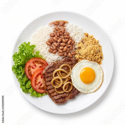 Traditional Brazilian prato feito with grilled beef steak, rice, brown beans, farofa, fried egg, lettuce and tomato, isolated on pure white background. Ultra realistic 8K food photography.