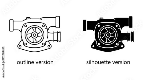 Foto Turbocharger Icons: A pair of turbocharger icons, one in outline and the other in silhouette, showcasing a crucial component of internal combustion engines