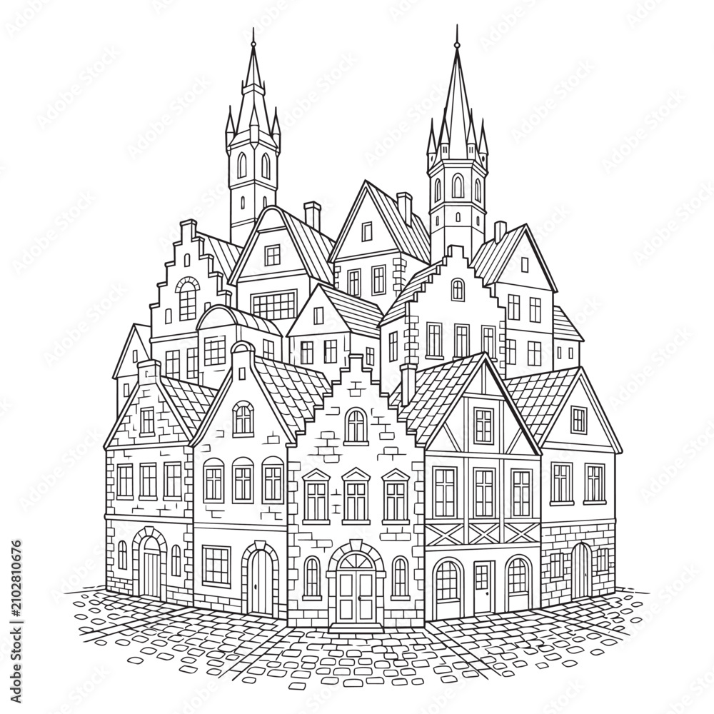Obraz premium Black and white illustration of medieval european town with spires isolated on white background, Vector, illustration