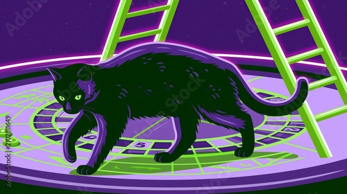 Sleek Black Cat Walking Across a Stylized Casino Roulette Wheel Under a Ladder