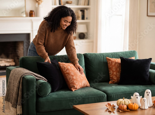 Young woman decorating living room for autumn season, arranging throw pillows on green couch for cozy home decor