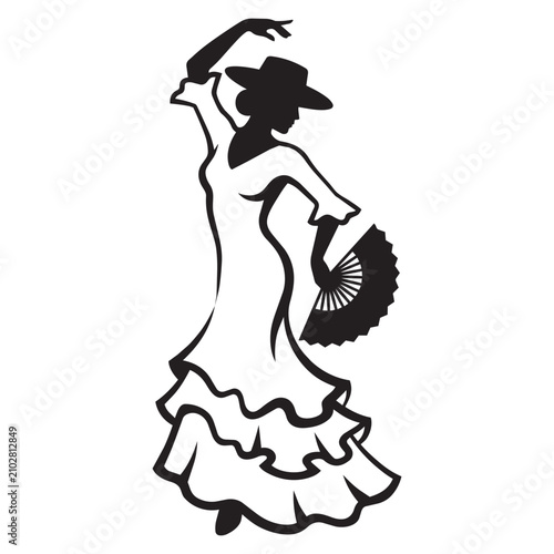 Black silhouette of flamenco dancer with fan isolated on white background, Vector, illustration