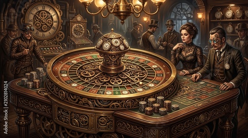 Steampunk Casino Roulette Table with Intricate Cogs, Gears, and Victorian Players in an Antique Clockwork Room
