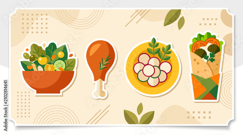 Healthy food and diet meal vector illustration set with salad, grilled chicken, and wrap on geometric background