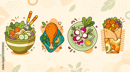 Healthy food and diet meal vector illustration set with salad, grilled chicken, and wrap on geometric background