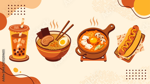 Asian food and fast food vector icon set with ramen, boba tea, and hot dog in flat line art style
