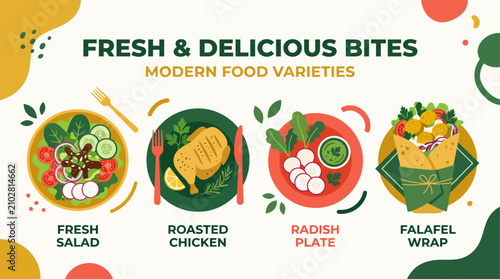 Healthy food and diet meal vector illustration set with salad, grilled chicken, and wrap on geometric background