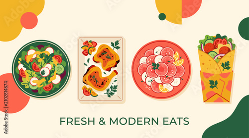 Healthy food and diet meal vector illustration set with salad, grilled chicken, and wrap on geometric background