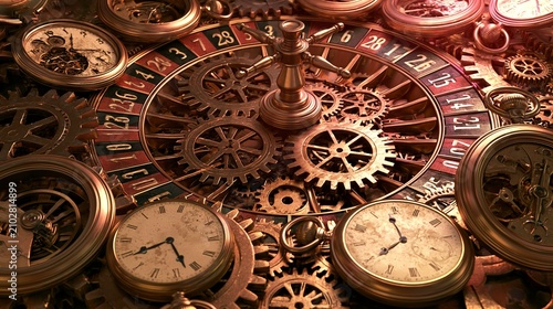 intricate brass gears and pocket watches forming a casino roulette wheel, steampunk aesthetic, exposed clockwork mechanisms, warm copper and bronze tones