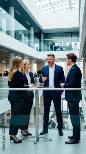 Three business professionals discussing strategy in modern office atrium, conveying collaboration and corporate success.