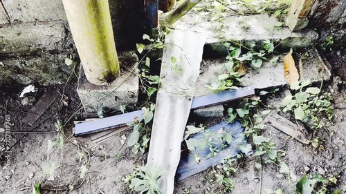 Chaotic collection of discarded construction waste and encroaching nature